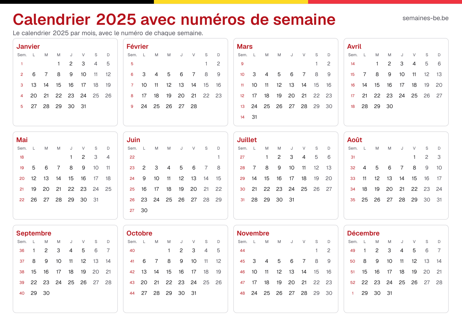 Calendrier 2025 avec numéros de semaine