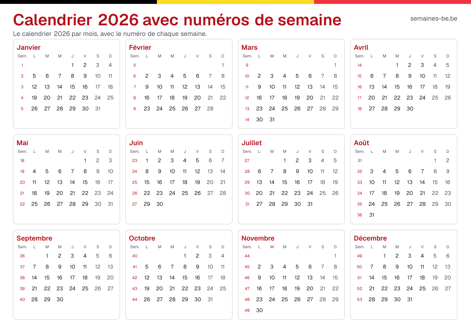 Calendrier 2026 avec numéros de semaine