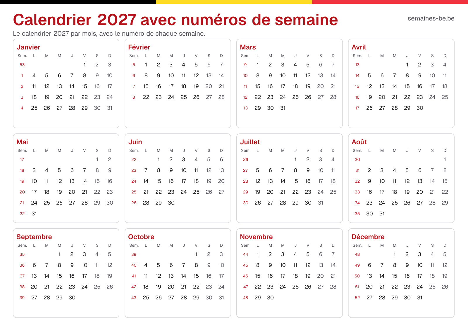 Calendrier 2027 avec numéros de semaine