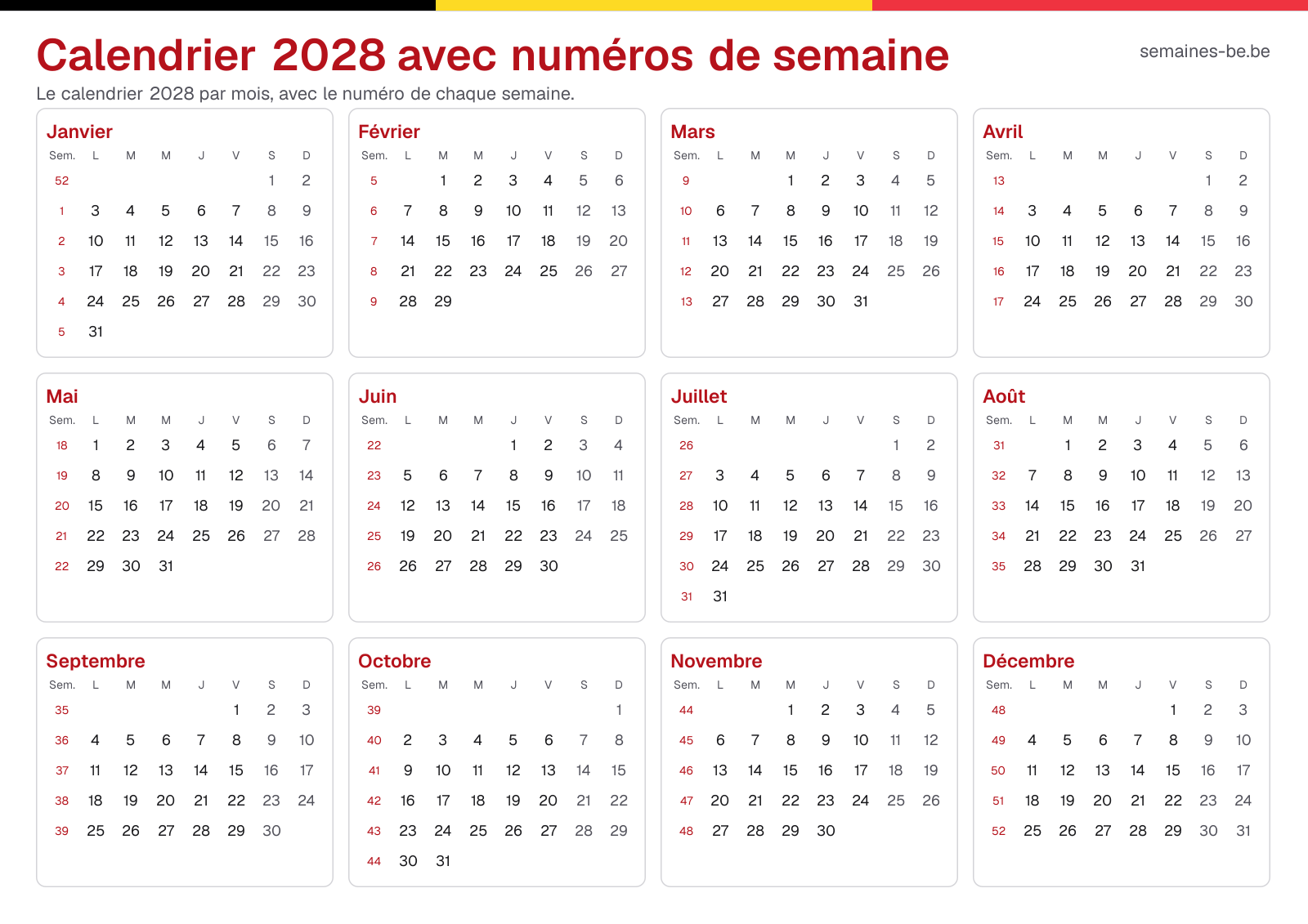 Calendrier 2028 avec numéros de semaine