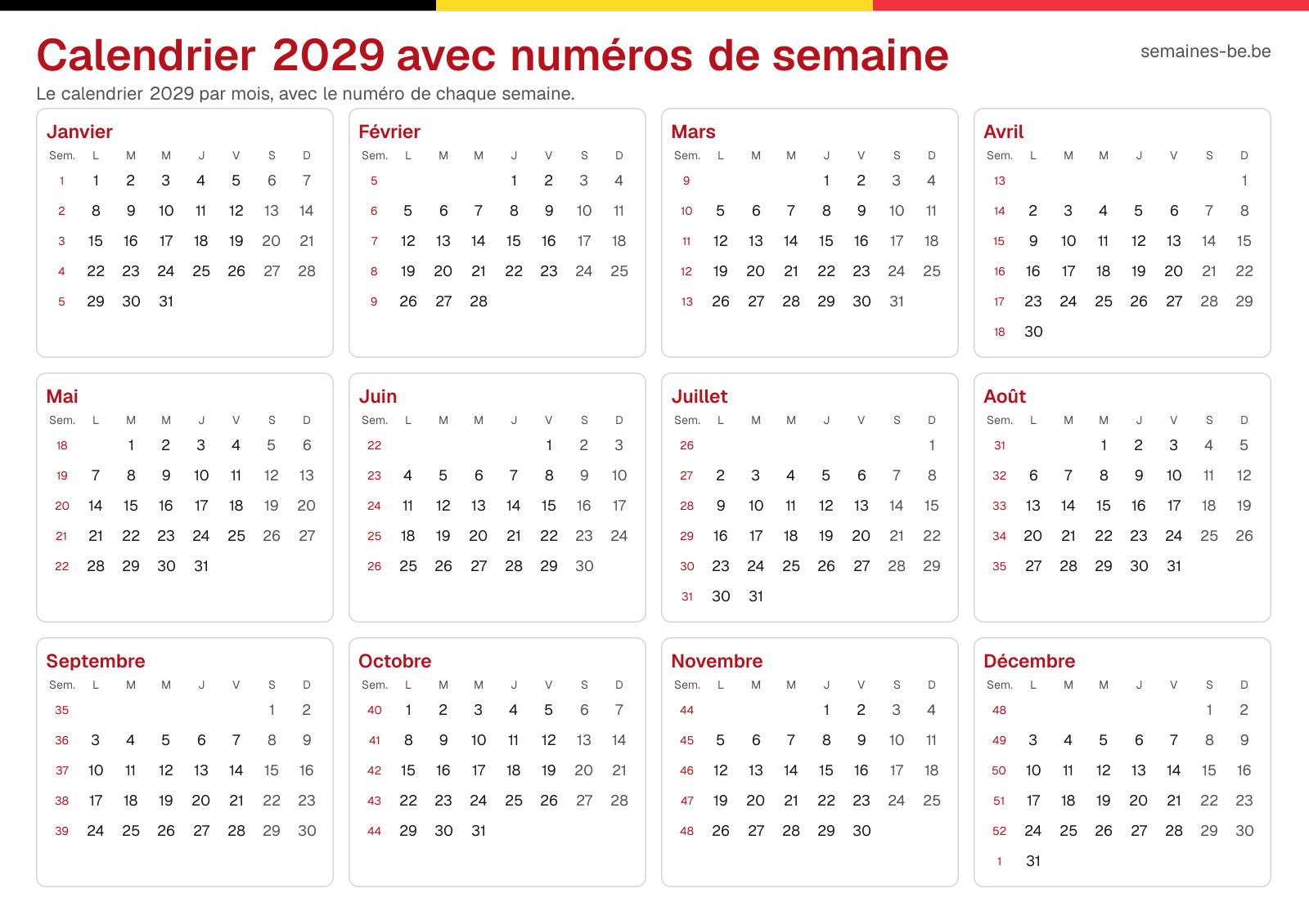Calendrier 2029 avec numéros de semaine