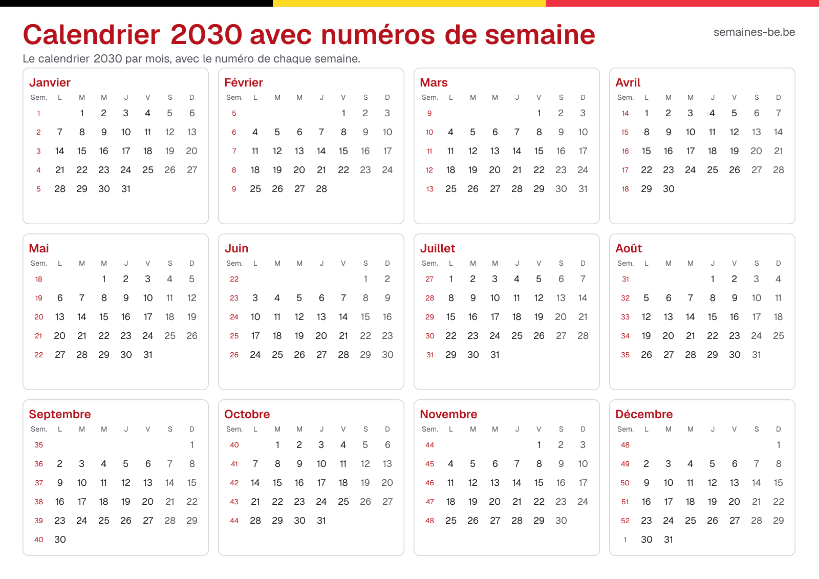 Calendrier 2030 avec numéros de semaine
