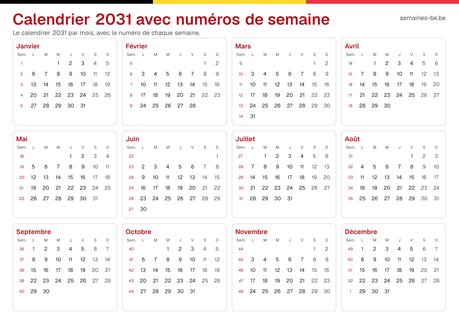 Calendrier 2031 avec numéros de semaine